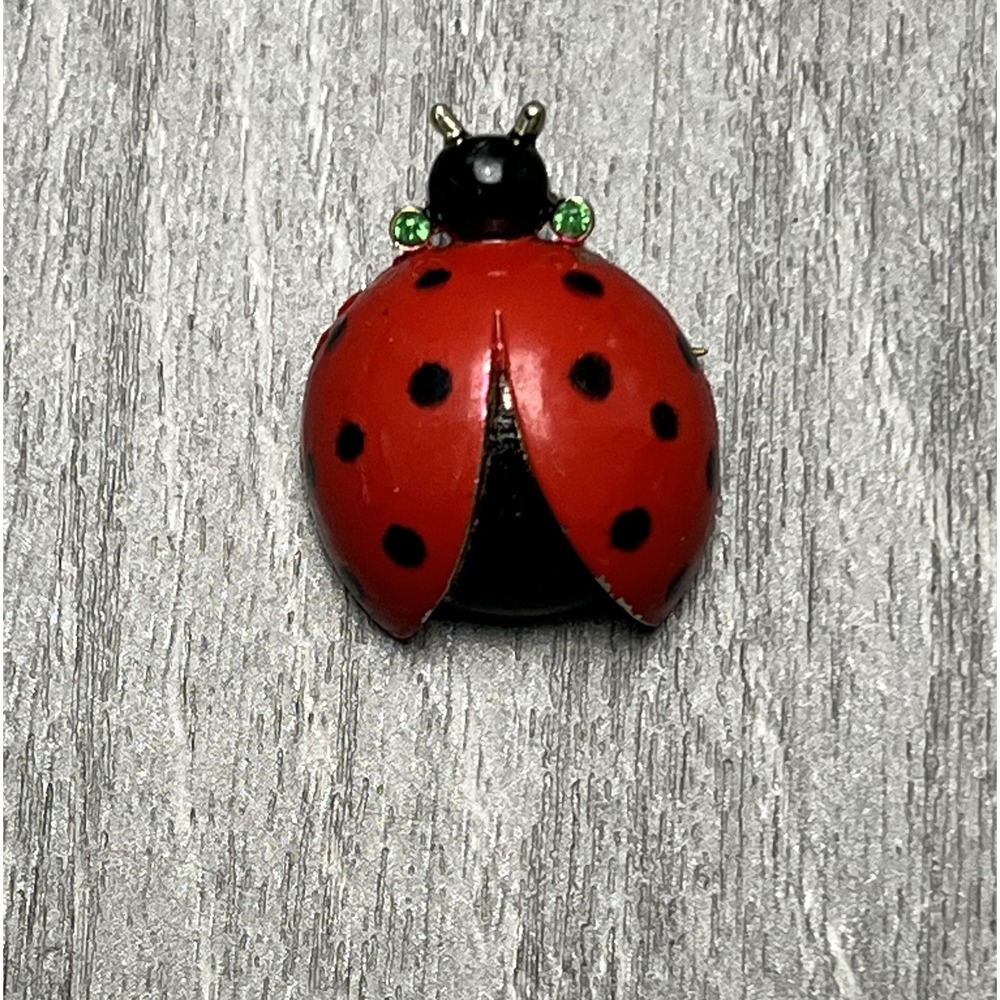 Vintage NEMO Ladybug Brooch Pin Red Enamel Black Spots Gold Tone Green